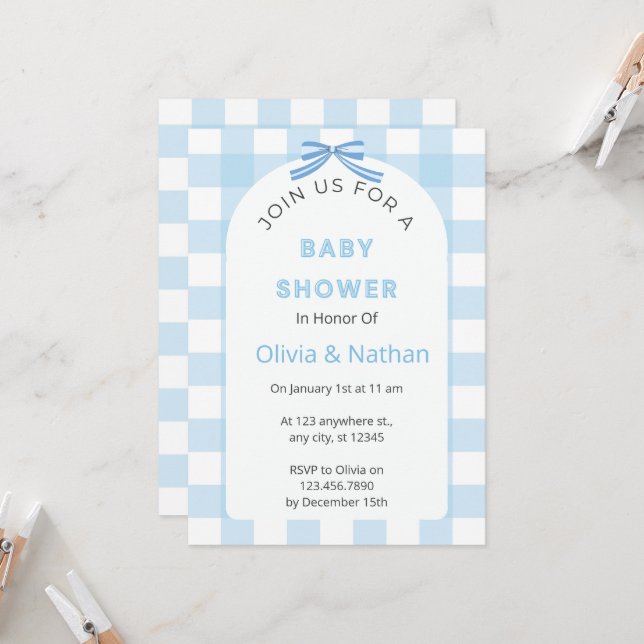 Blue Gingham Baby Shower Invitation, Blue Baby Boy Invitation (Front/Back In Situ)
