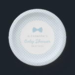 Blue gingham baby shower paper plate<br><div class="desc">Sweetly coordinating with the Lea Delaveris Design gingham baby shower collection, this adorable baby shower plate features a light blue gingham border and a polka dot bow tie along with three areas of custom text. The text areas can include parent name or names, baby shower, "oh boy!, " "it's a...</div>