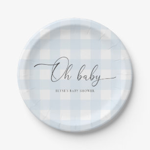 Blue Gingham Baby Shower Paper Plate