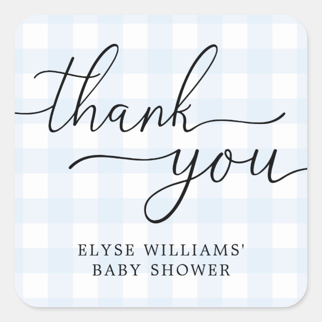 Blue Gingham Baby Shower Thank You Favour Sticker (Front)