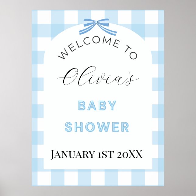Blue Gingham Baby Shower Welcome Sign Poster  (Front)