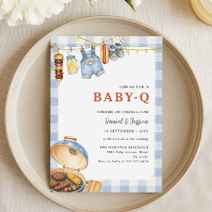Blue Gingham Backyard Baby Q Baby Shower Invitation