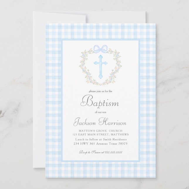 Blue Gingham Baptism Invitation, Boy Baptism Invitation (Front)