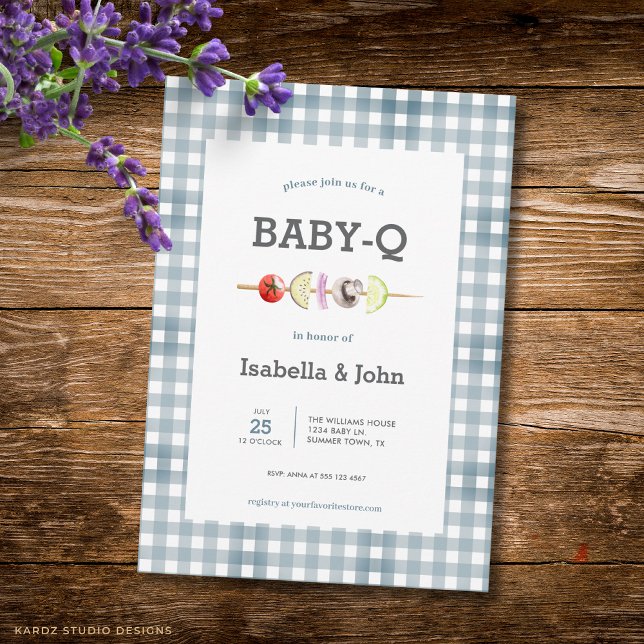 Blue Gingham Barbecue Baby Shower Invitation (Front of the invitation is shown in 5x7-inch. Choose size, paper, and corner style.)