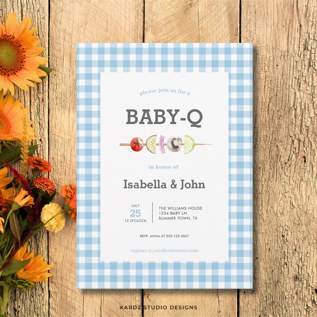 Blue Gingham Barbecue Baby Shower Invitation (Front of the invitation is shown in 5x7-inch. Choose size, paper, and corner style.)