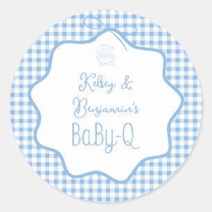 Blue Gingham Barbecue Boy BBQ Baby-Q Baby Shower Classic Round Sticker