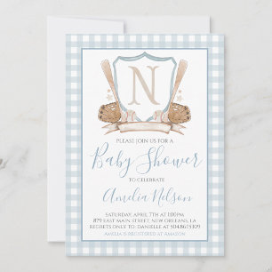 Blue Gingham Baseball Baby Shower Invitation