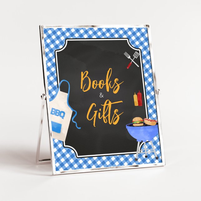 Blue Gingham BBQ Baby Shower Books and Gifts  Poster (Boy Baby-Q Baby Shower Books and Gifts Sign)