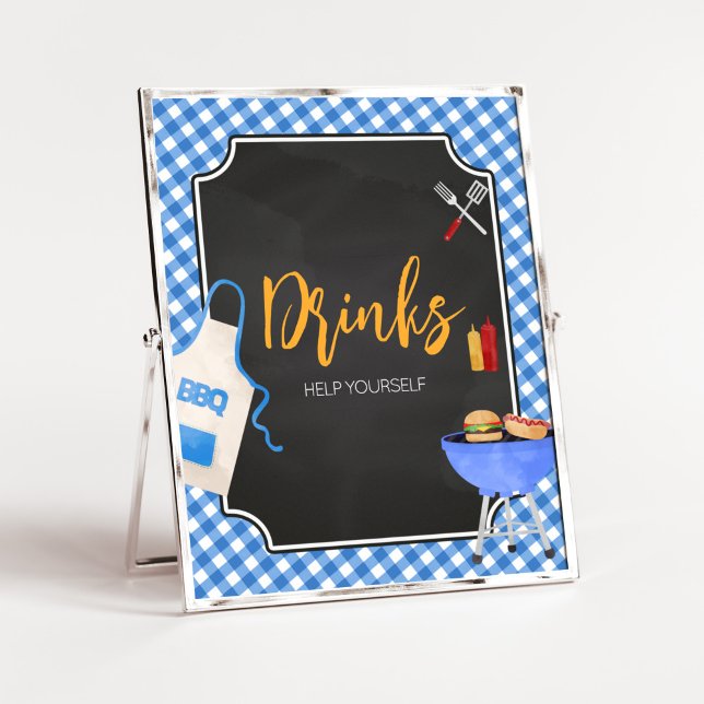 Blue Gingham BBQ Baby Shower Drinks Poster (Boy Baby-Q Baby Shower Drinks Sign)