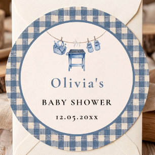 Blue Gingham BBQ Grill Clothesline Baby Shower Classic Round Sticker