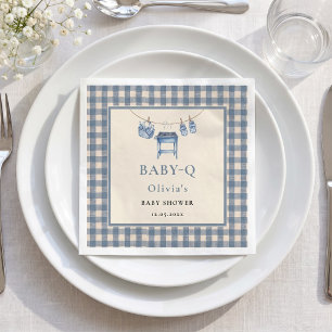 Blue Gingham BBQ Grill Clothesline Baby Shower Napkin