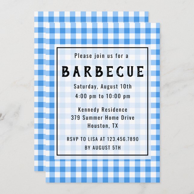 Blue Gingham BBQ Party Invitation (Front/Back)