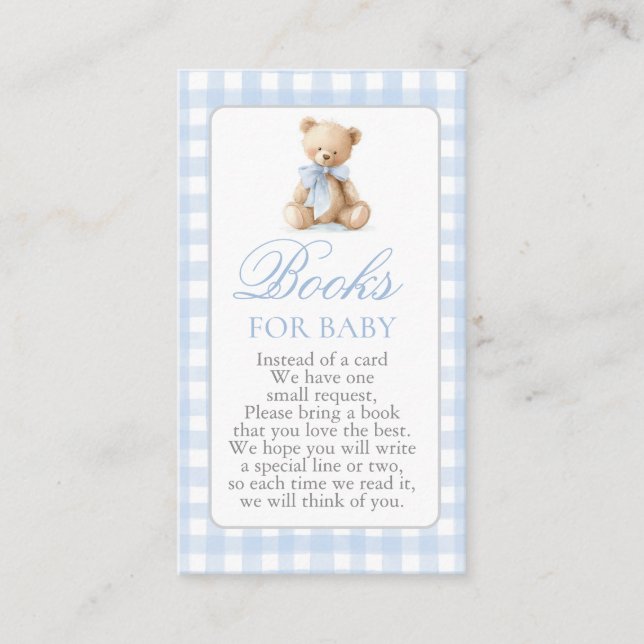 Blue Gingham Bear Baby Shower Boy Books for Baby Enclosure Card (Front)