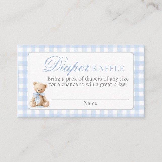 Blue Gingham Bear Baby shower Diaper Raffle Card (Front)