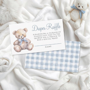 Blue Gingham Bear Baby Shower Diaper Raffle Enclosure Card