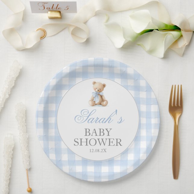 Blue Gingham Bear Baby Shower Paper Plate (Wedding)