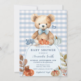 Blue Gingham Bear Pumpkin Shoes Baby Shower Invitation