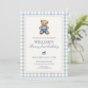 Blue Gingham Beary First Birthday Boy Teddy Bear Invitation