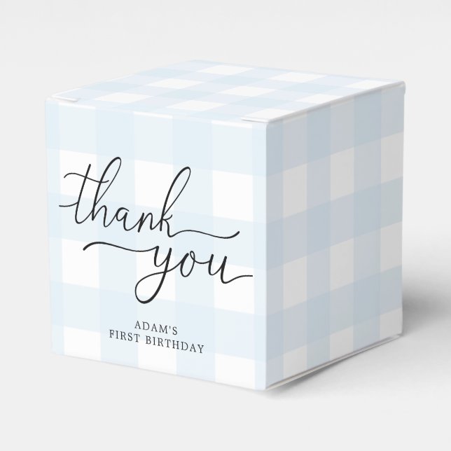 Blue Gingham Birthday Thank You Favour Box (Front Side)