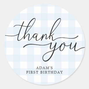 Blue Gingham Birthday Thank You Favour Sticker