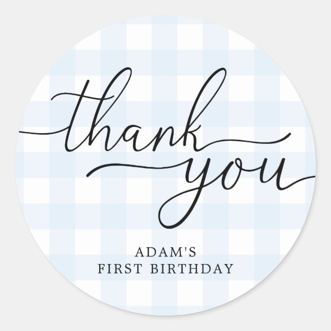 Blue Gingham Birthday Thank You Favour Sticker (Front)