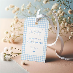 Blue Gingham Boho Watercolor Boy Baby Shower Gift Tags