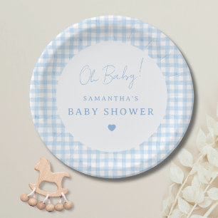 Blue Gingham Boho Watercolor Boy Baby Shower Paper Plate