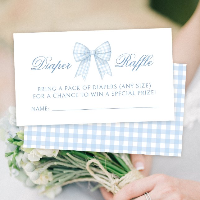 Blue gingham bow baby boy shower diaper raffle enclosure card (Creator Uploaded)