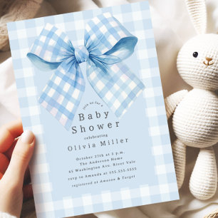 Blue Gingham Bow Baby Shower Invitation