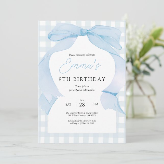 Blue Gingham Bow Birthday Invitation (Standing Front)