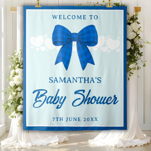 Blue Gingham Bow Boy Baby Shower Backdrop Tapestry