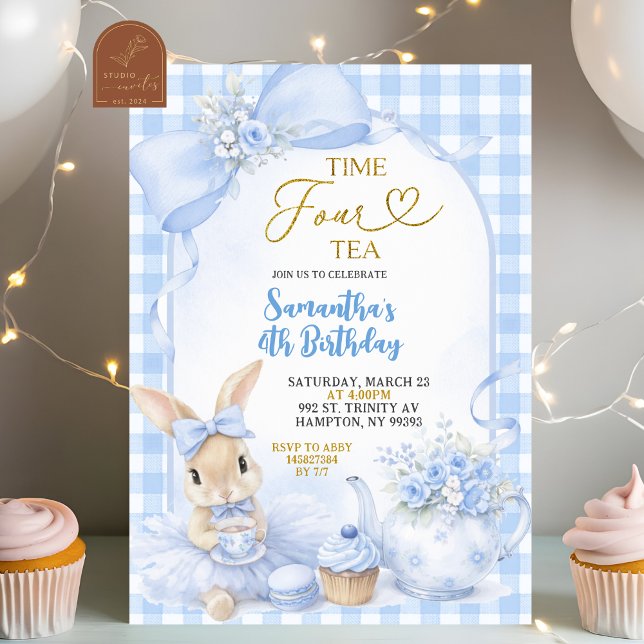 Blue Gingham Bow Bunny Tea Party Fourth Birthday Invitation (Creator Uploaded)