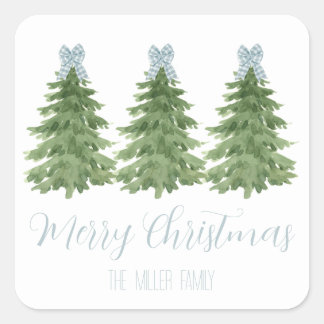 Blue Gingham Bow Christmas Tree Sticker Gift Tag