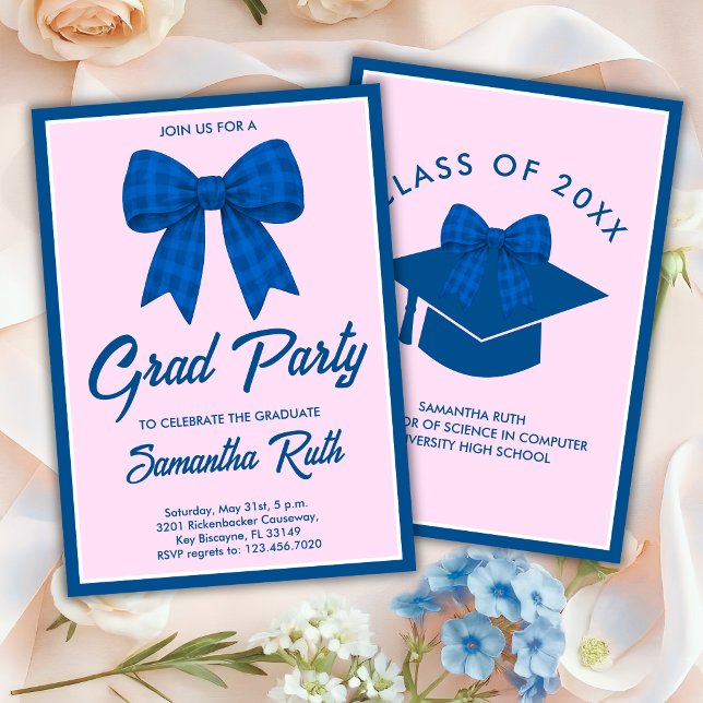 Blue Gingham Bow Graduation Party Invitation (Creator Uploaded)