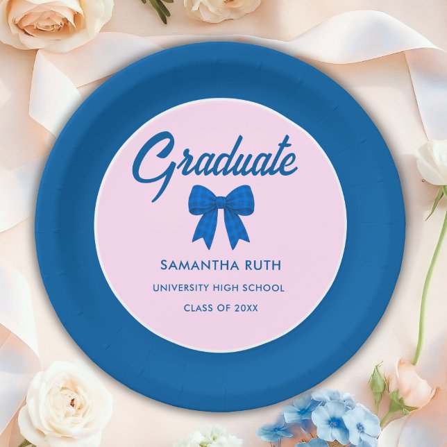 Blue Gingham Bow Graduation Party Paper Plate (Creator Uploaded)