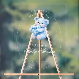 Blue Gingham Bow Heart Teddy Bear Baby Shower Acrylic Sign