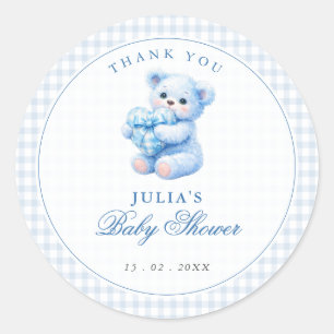 Blue Gingham Bow Heart Teddy Bear Baby Shower Classic Round Sticker