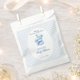 Blue Gingham Bow Heart Teddy Bear Baby Shower Favour Bag
