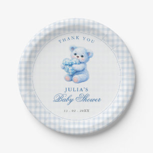 Blue Gingham Bow Heart Teddy Bear Baby Shower Paper Plate