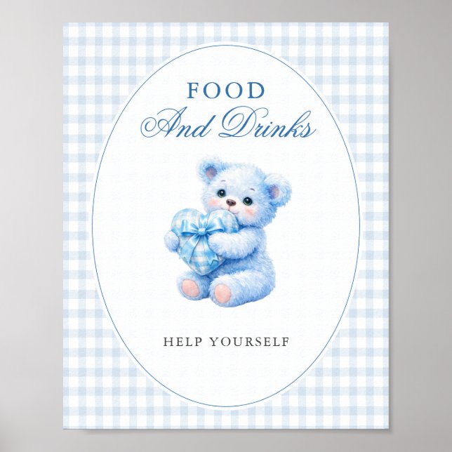 Blue Gingham Bow Heart Teddy Bear Baby Shower Poster (Front)