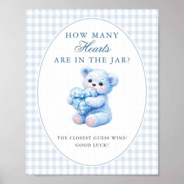 Blue Gingham Bow Heart Teddy Bear Baby Shower Poster (Front)