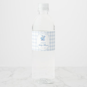 Blue Gingham Bow Heart Teddy Bear Baby Shower Water Bottle Label