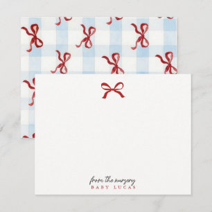blue gingham bow Nursery Note Card