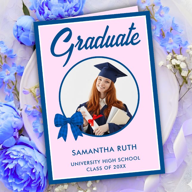 Blue Gingham Bow Photo Graduation  Card (Creator Uploaded)
