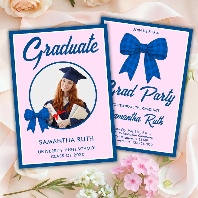 Blue Gingham Bow Photo Graduation Party Invitation (Creator Uploaded)