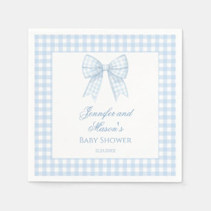 Blue gingham bow ribbon baby boy shower napkin