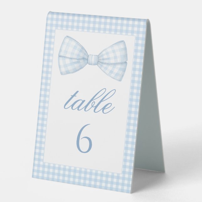 Blue Gingham Bow tie Baby boy shower table numbers (Front)