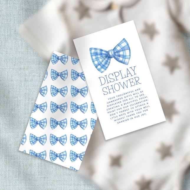 Blue Gingham Bow Tie Baby Display Shower Enclosure Card (Front and back view)