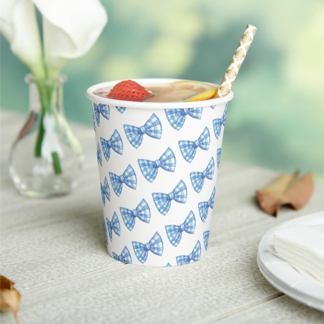 Blue Gingham Bow Tie Pattern Baby Shower  Paper Cups (Insitu)