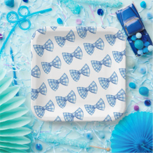 Blue Gingham Bow Tie Pattern Baby Shower Picnic Paper Plate